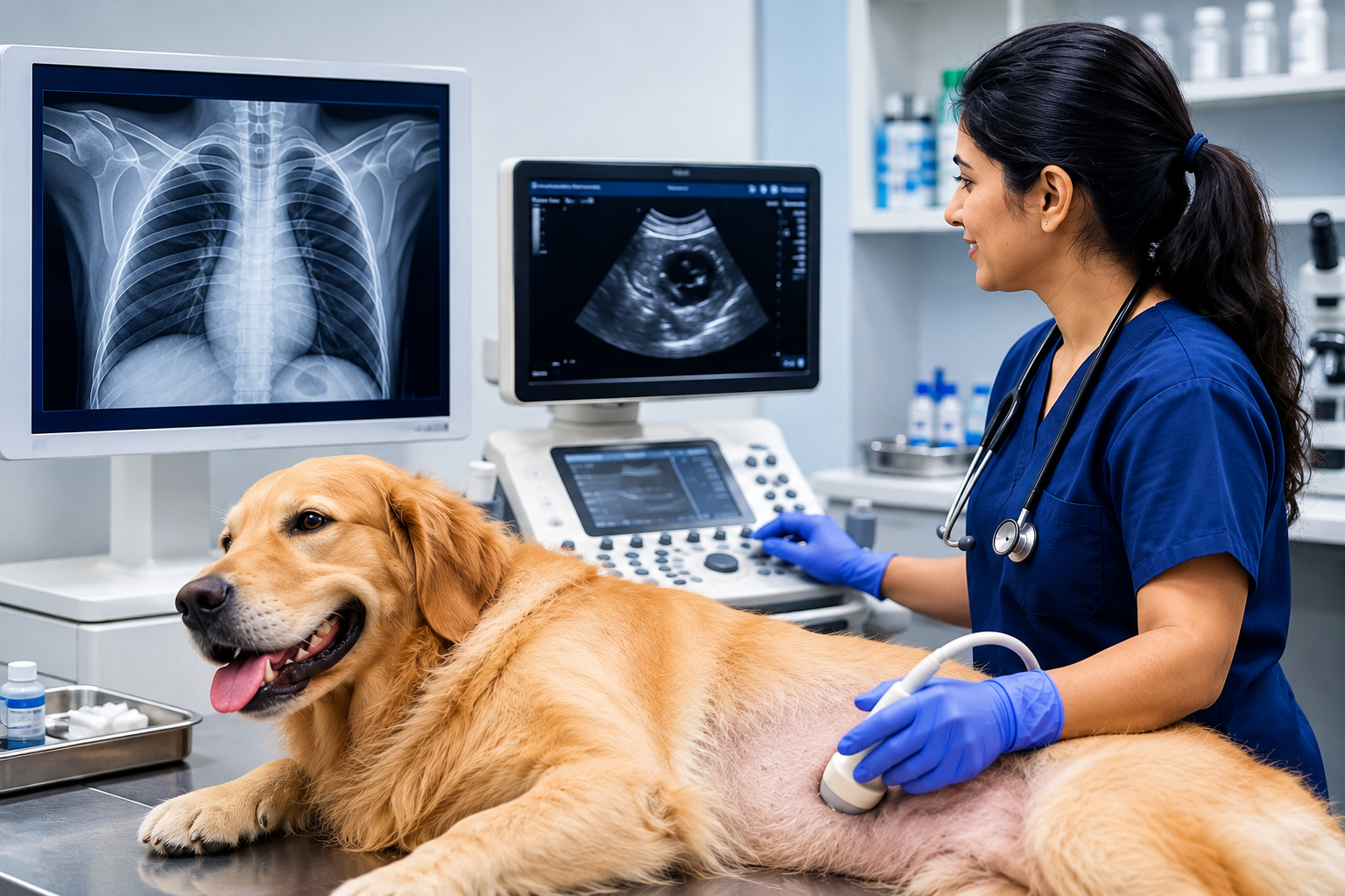 Veterinarian performing an ultrasound scan on a dog at a veterinary clinic in Kolkata